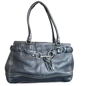 Coach Black Leather Braided-Trim Shoulder Tote